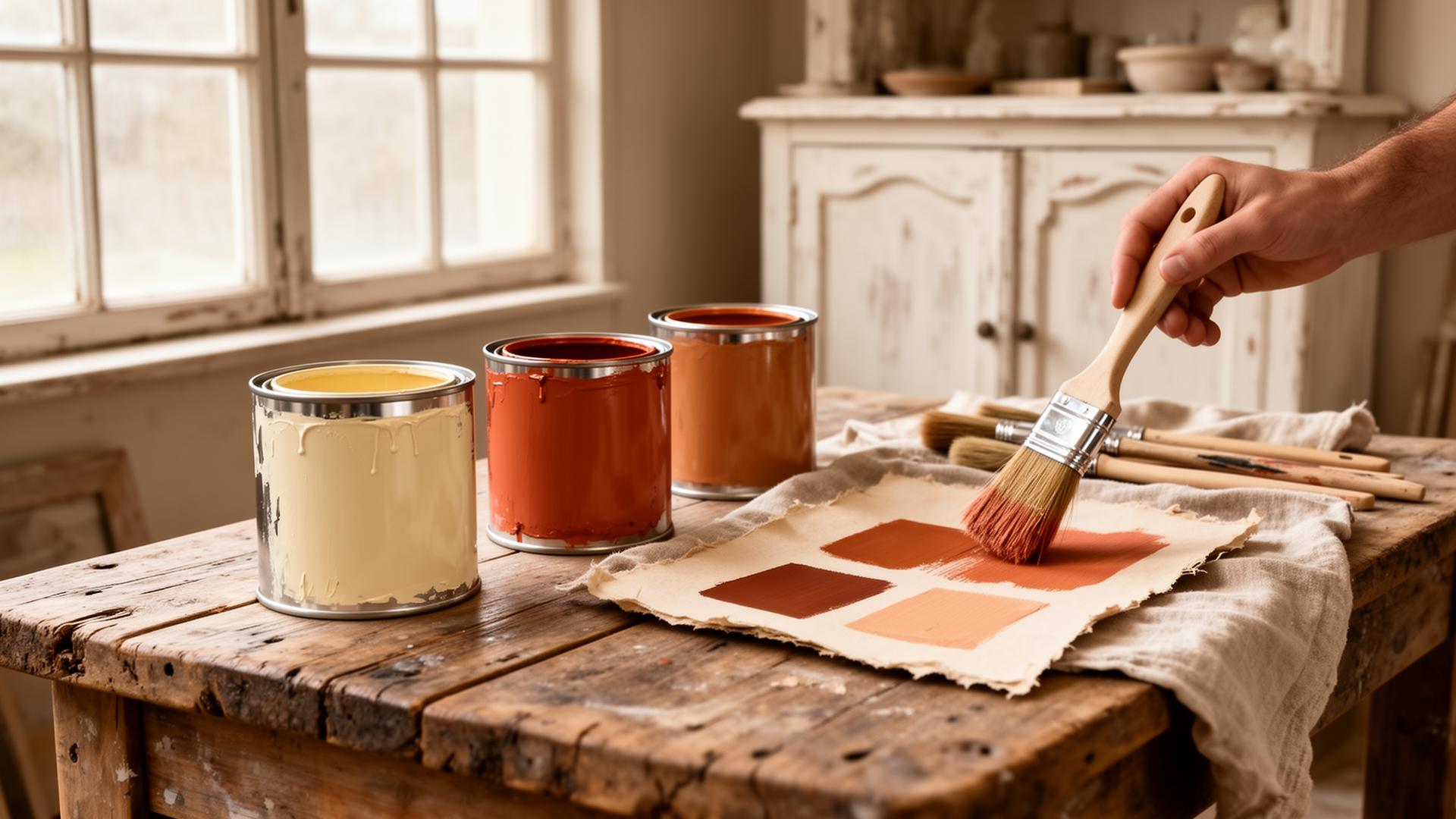Taller de pintura artesanal con botes de pintura, brochas y muestras de color en tonos tierra